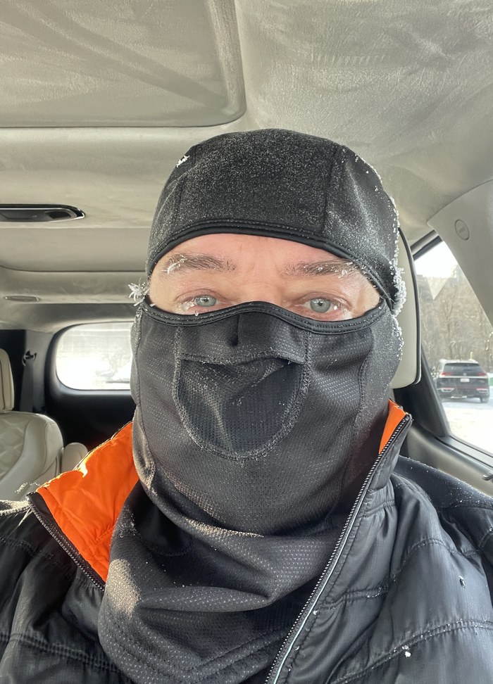 Curtis bundled up in a balaclava before a cold-weather race