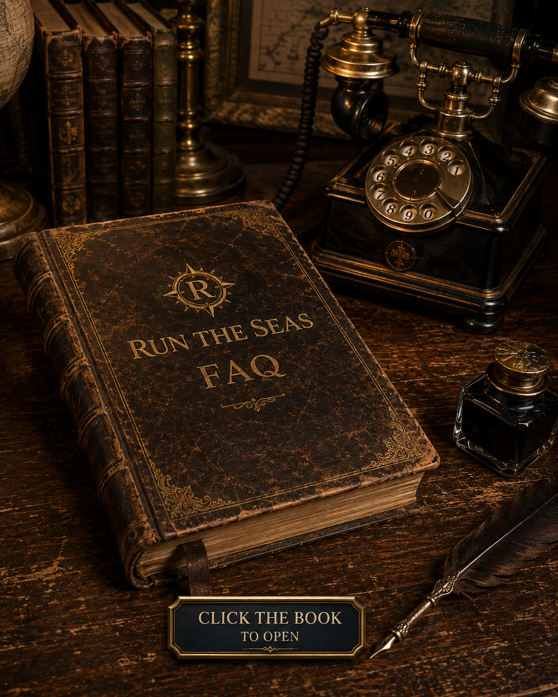 An old leather-bound book titled Run The Seas FAQ resting on a desk beside a vintage telephone, ink well, and quill pen.
