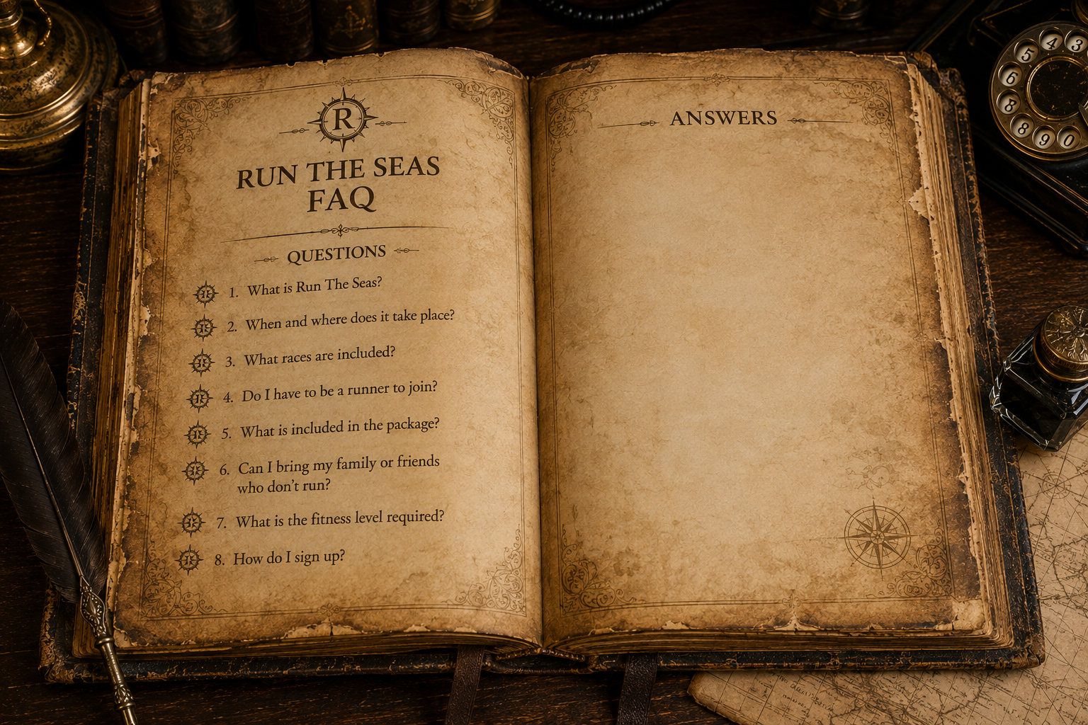 An open leather-bound book. The left page lists eight numbered FAQ questions under the heading Run The Seas FAQ. The right page is headed Answers.