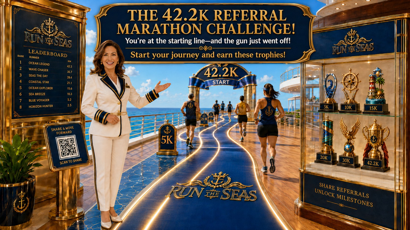 The 42.2K Referral Marathon Challenge — you're at the starting line and the gun just went off. Start your journey and earn milestone trophies from 5K to 42.2K. Share referrals, unlock milestones, climb the leaderboard.